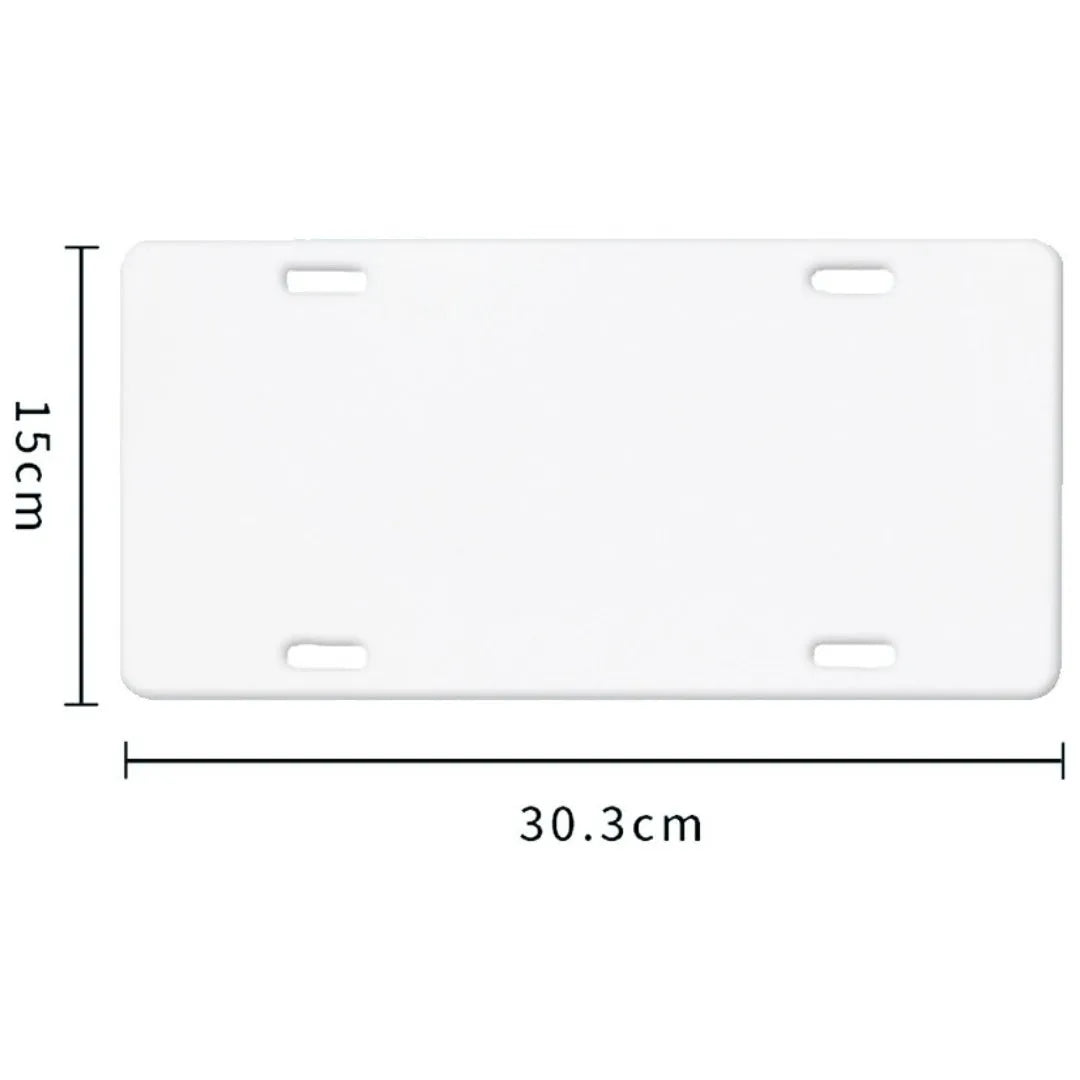 A white rectangular aluminium sheet blank for making a car licence plate, showing size and thickness options.