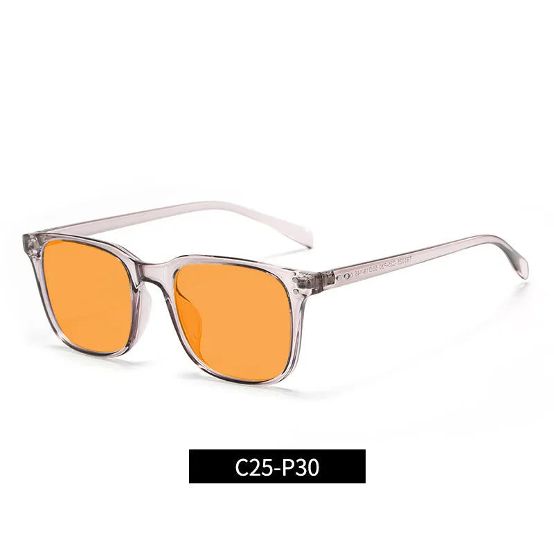 Colour-changing orange lens anti-blue light glasses with a TR90 frame on a colour box.