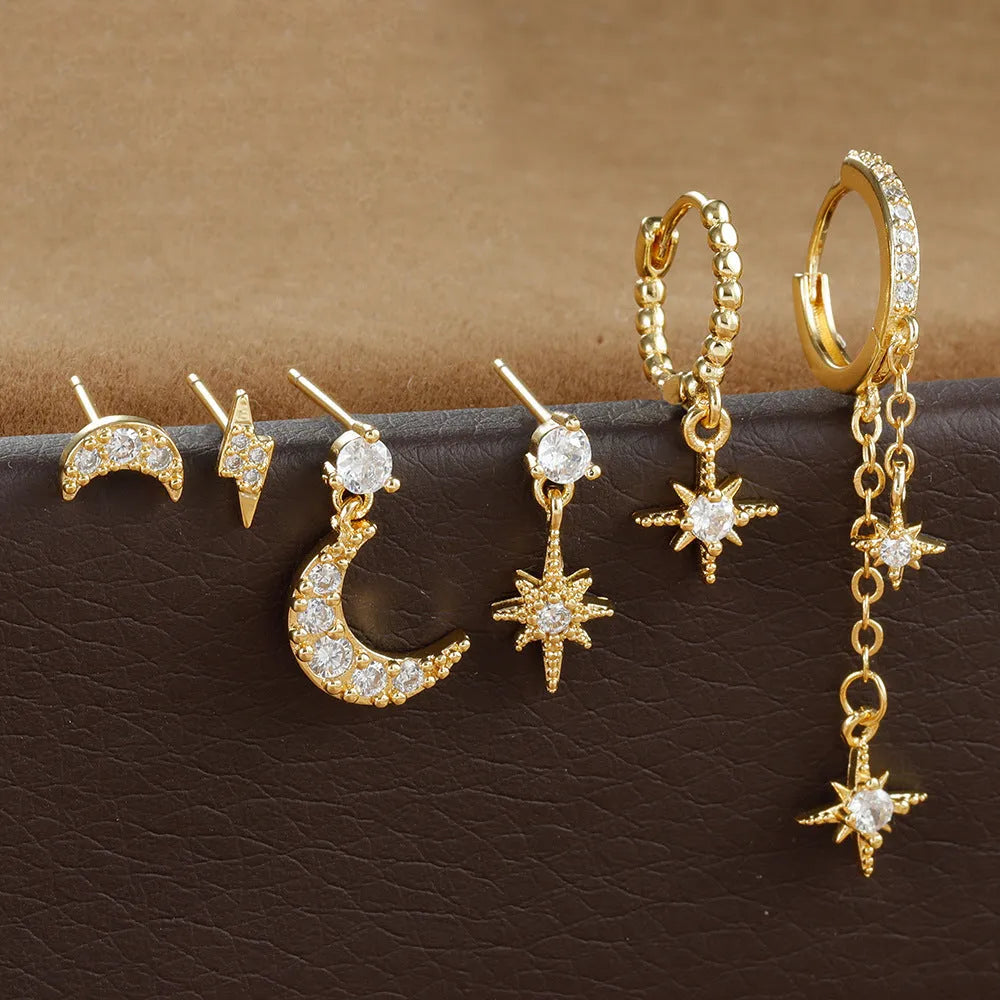 XINGX gold electroplated chain tassel earrings with zircon studs, six-piece set showing three complete pairs