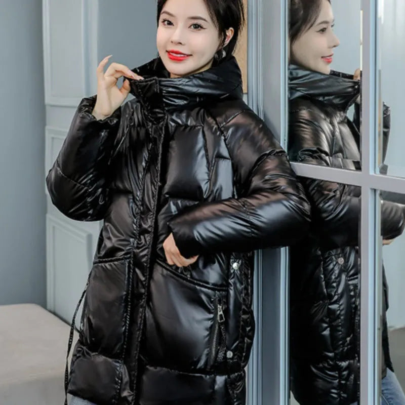 Women's loose thick hooded winter jacket in acrylic fabric, shown in black, blue, champagne, or green.