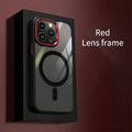 Magnetic suction acrylic phone case with metal lens frame for iPhone 15, black edge and red frame, front and back view