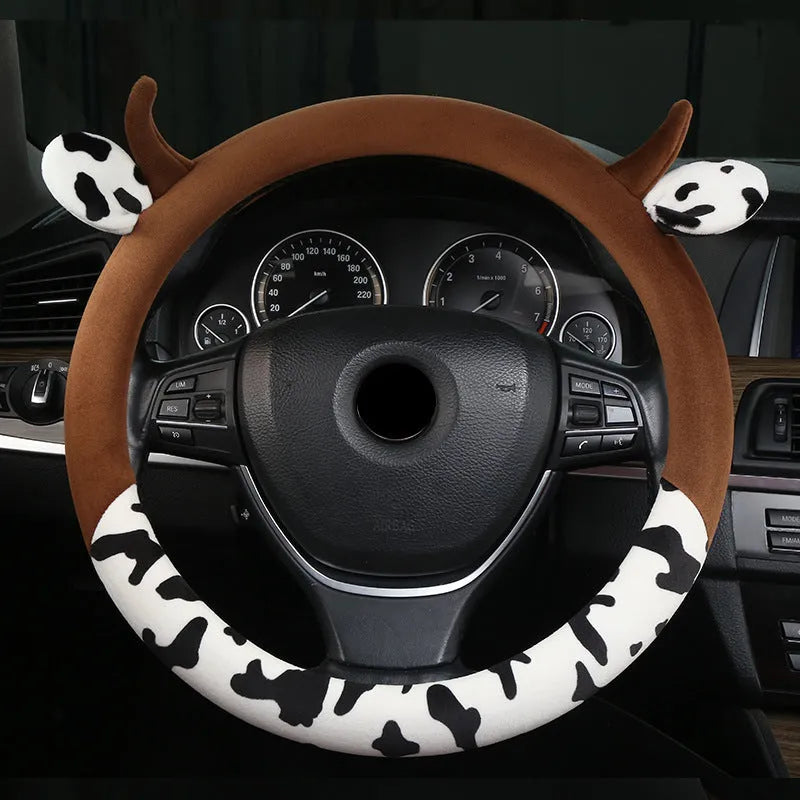 Plush car steering wheel cover with protective handle in black or coffee brown colours