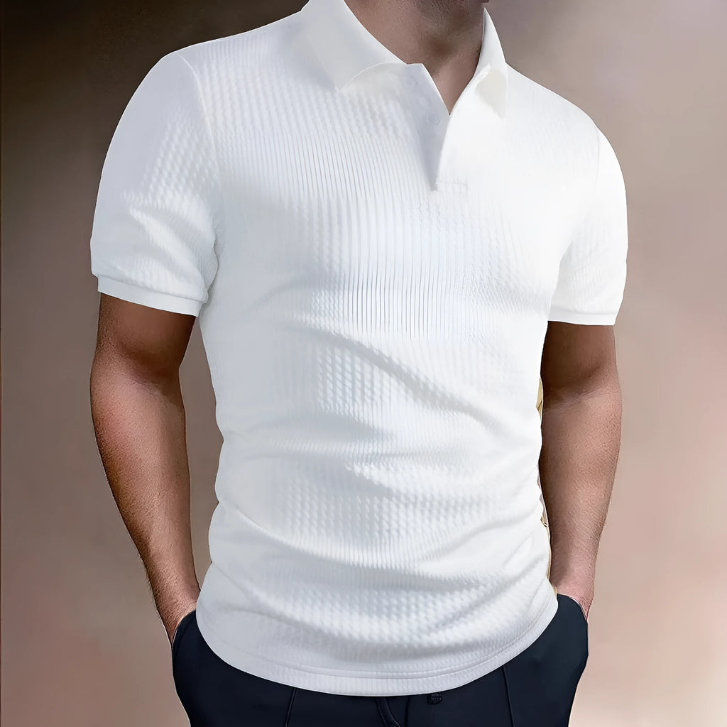 Men's striped polo shirt in loose fit with short sleeves showing asymmetric design details