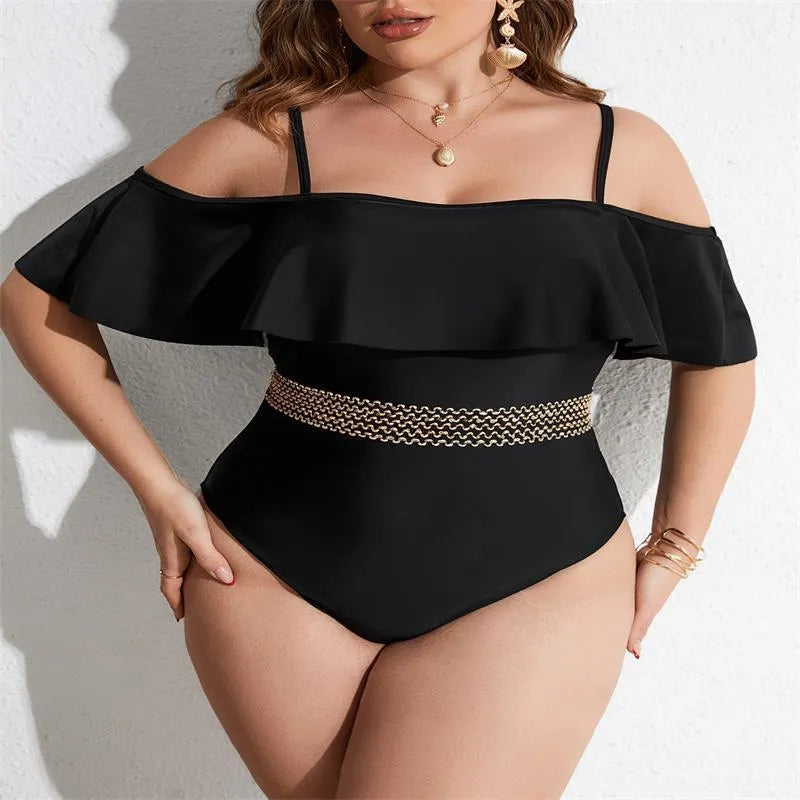 Women's solid black one-piece polyester swimsuit on a hanger