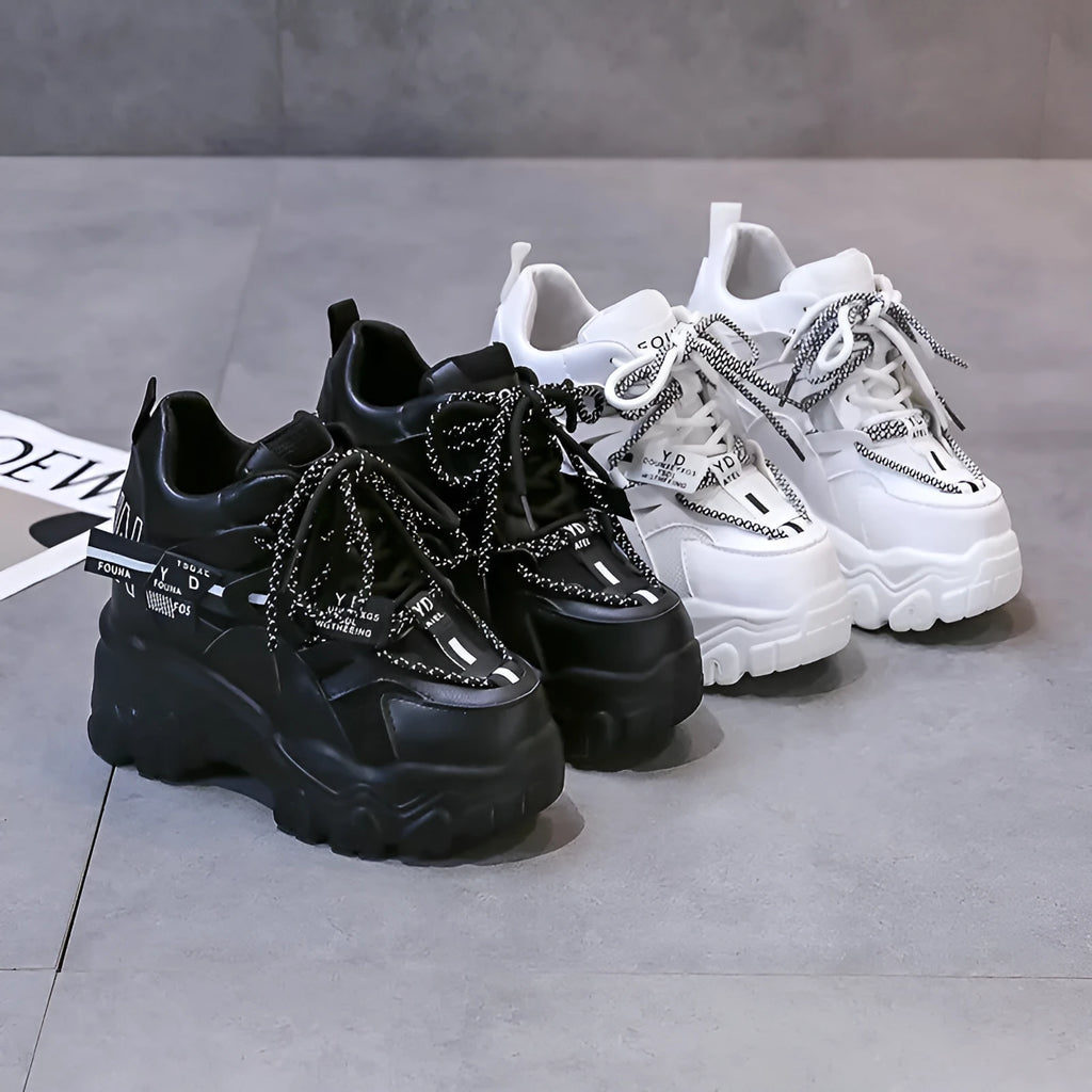 White women's mesh platform sports shoes with cross strap and a 6-8cm rubber sole.