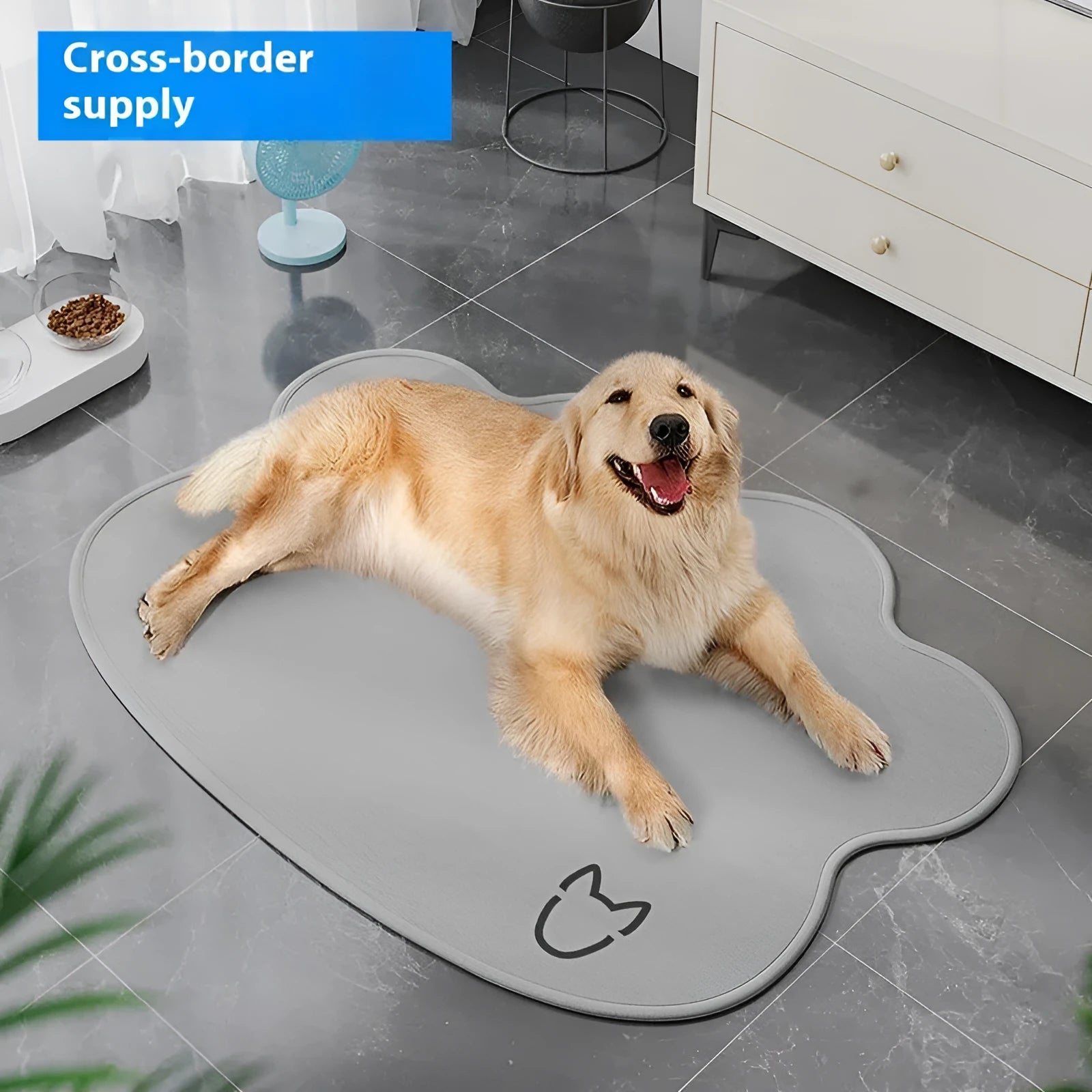 Dog head shaped ice silk cooling mat for pets in grey, green or rice colours on a wooden floor