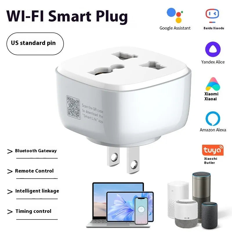 White smart WiFi socket with EU plug standard, timer and overload protection functions on white background