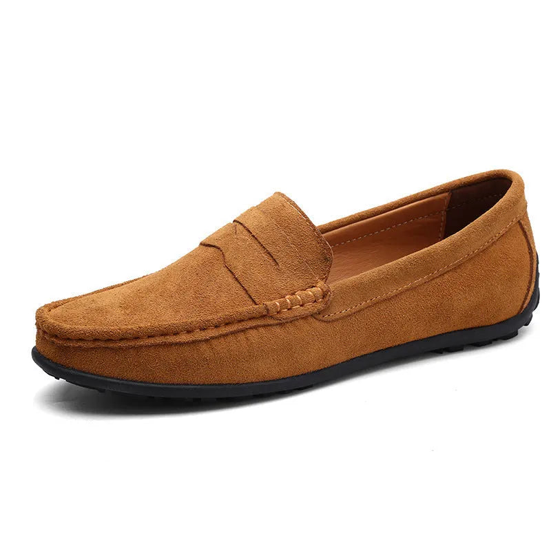Men's brown suede Gommino loafers with round toe and flat rubber sole, plus size