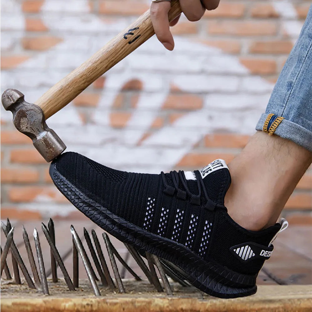 Men's steel toe work safety shoes breathable fly woven mesh low top black orange