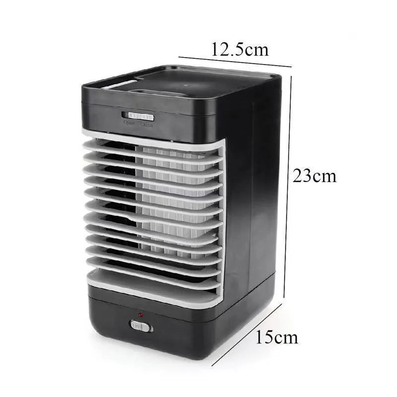 Portable vertical USB evaporative air cooler in black with water tank and ice cube function on a desk