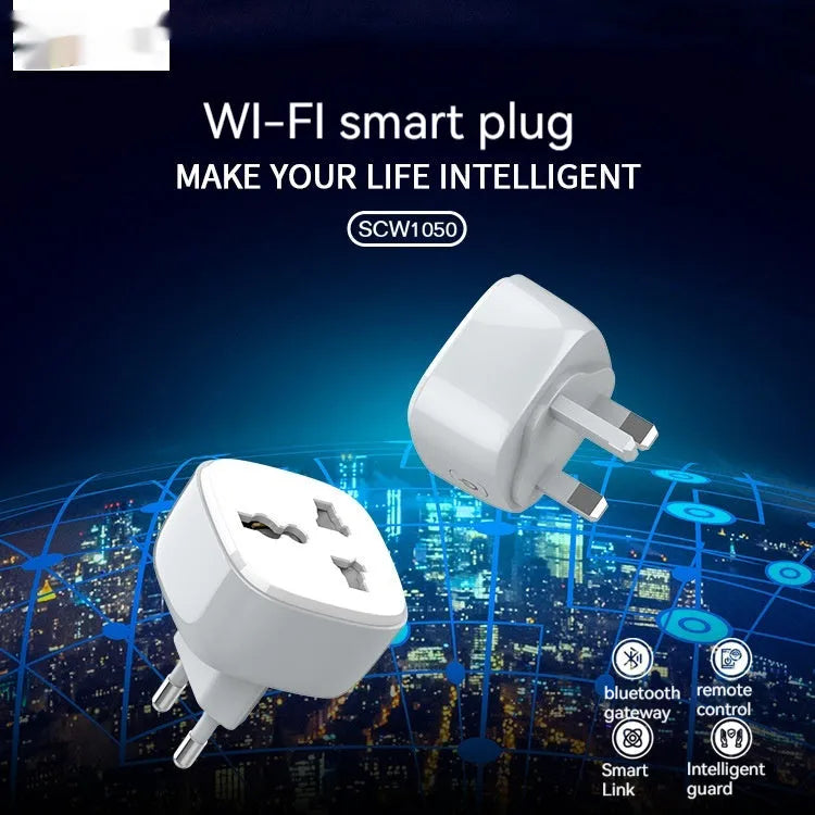White smart WiFi socket with EU plug standard, timer and overload protection functions on white background