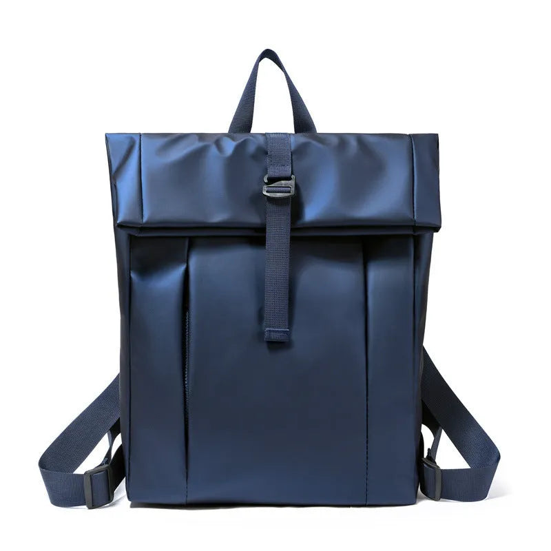Solid colour large capacity men's backpack with airpillow straps, available in black, blue, and silver, 30x11x42cm