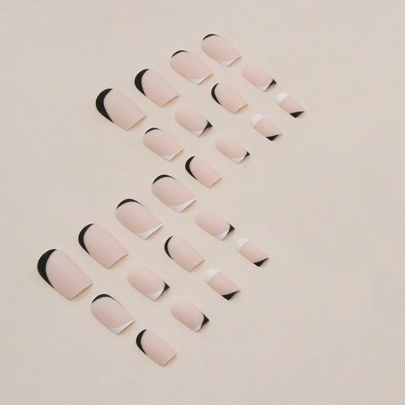 W644 black and white frosted glue false nail set for French manicure style.
