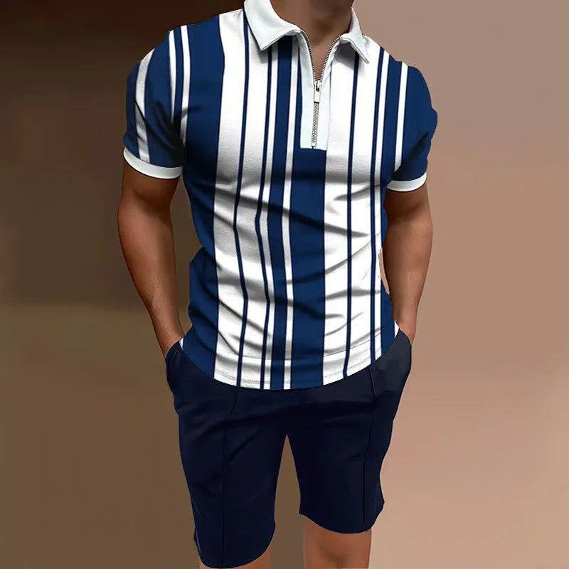 Men's printed polyester two-piece casual set with matching short sleeve top and shorts