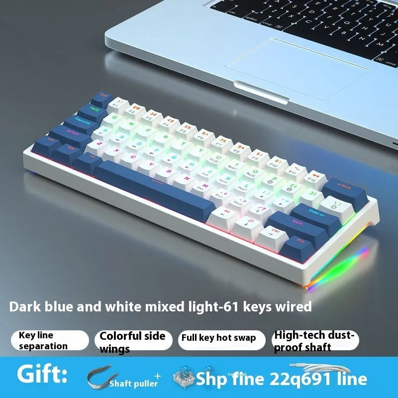 61-key compact mechanical keyboard with hot-swappable switches and bluish-black black tea shaft