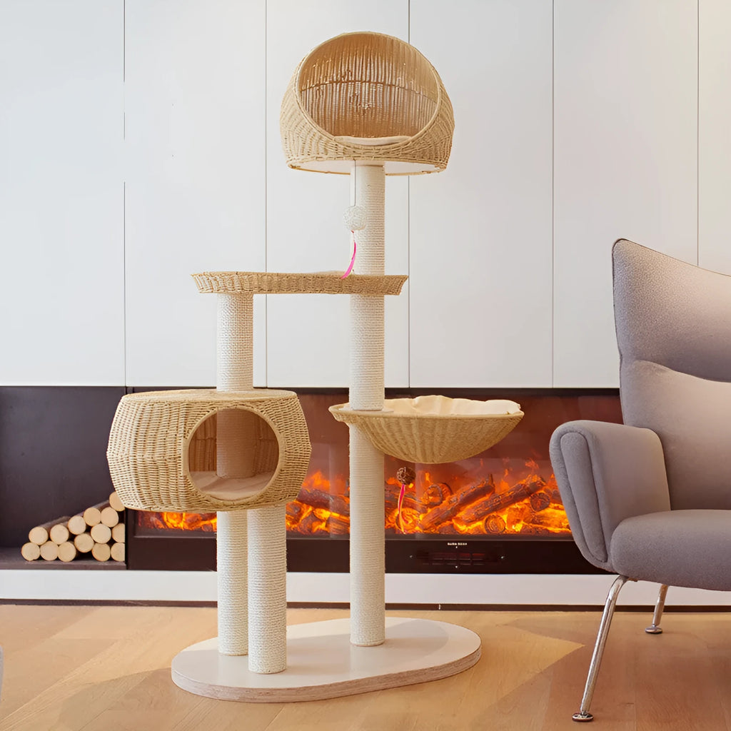 Integrated multi-layer solid wood cat tree with imitation rattan climbing surfaces in beige colour, 160cm tall