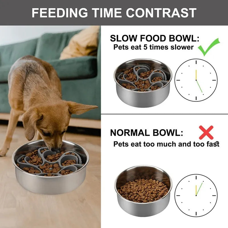 Grey silicone dog slow feeder insert with spiral design and suction cups on base