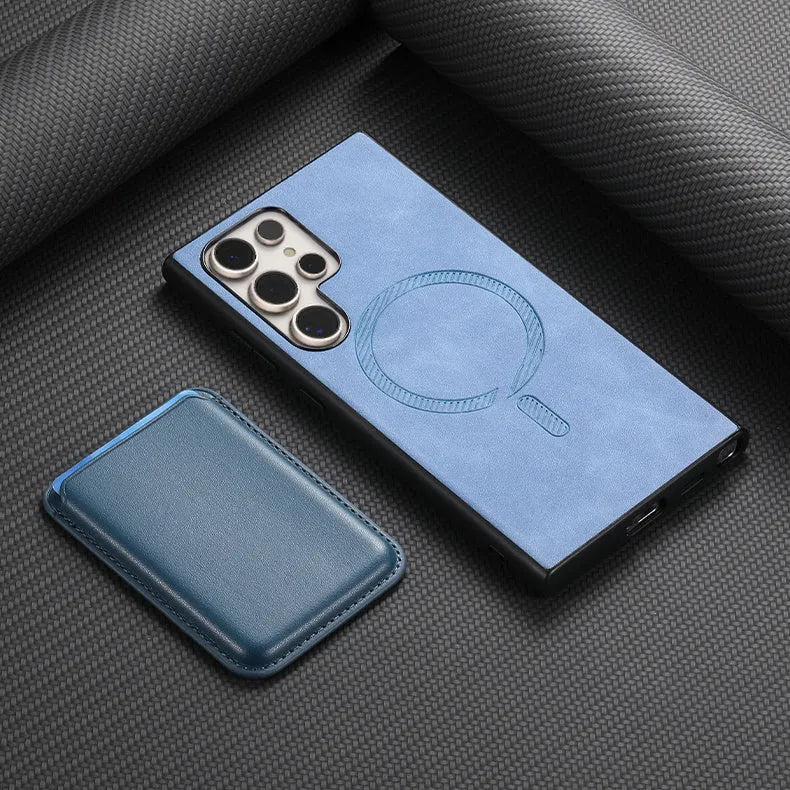 Ultra-thin silicone anti-fall phone cover for Samsung Galaxy with card case and magnetic charging support in black colour