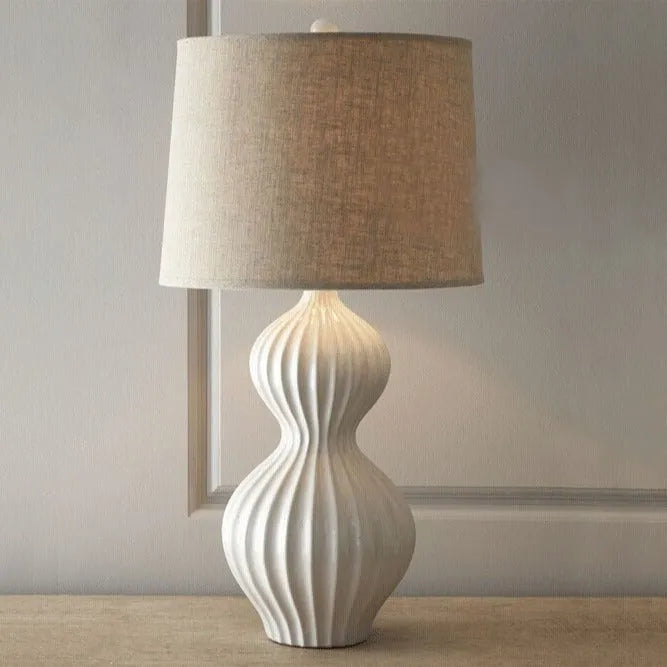 Cream white ceramic table lamp with fabric lampshade in American country style