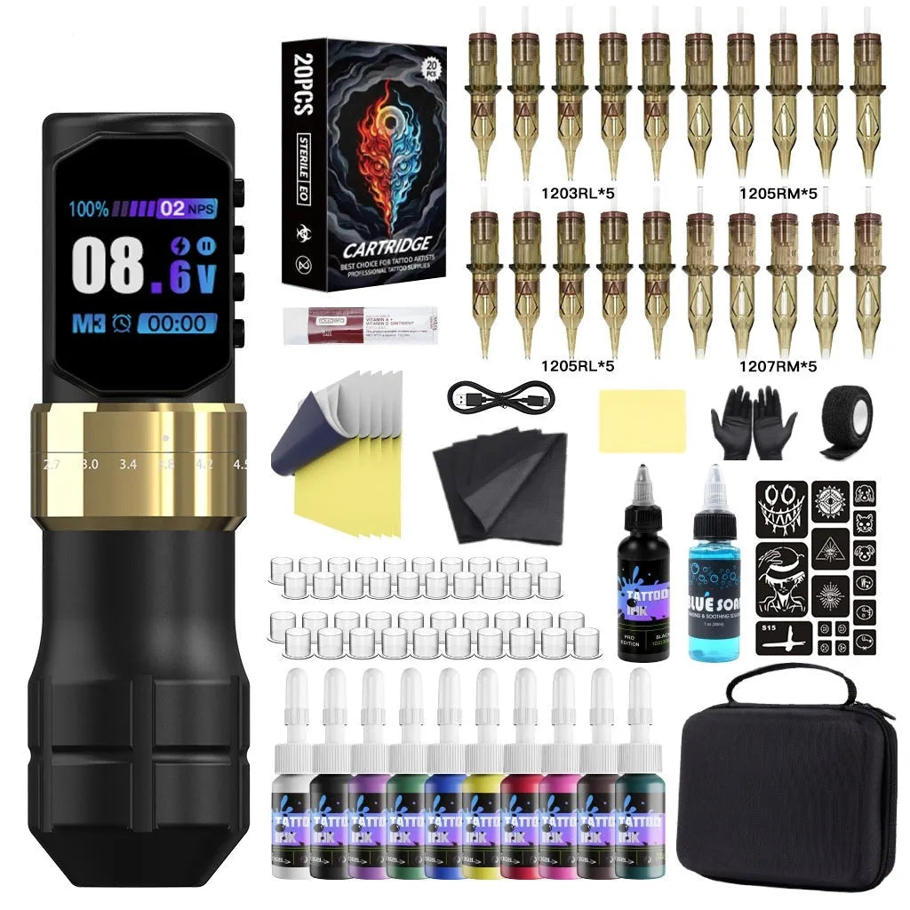 Adjustable stroke battery pen tattoo set with aluminium alloy wireless machine, 2000mAh battery, and accessories in a zipper box