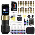 Adjustable stroke battery pen tattoo set with aluminium alloy wireless machine, 2000mAh battery, and accessories in a zipper box