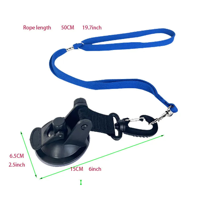 Pet bathing restraint with blue suction cups and traction rope for secure attachment during washing