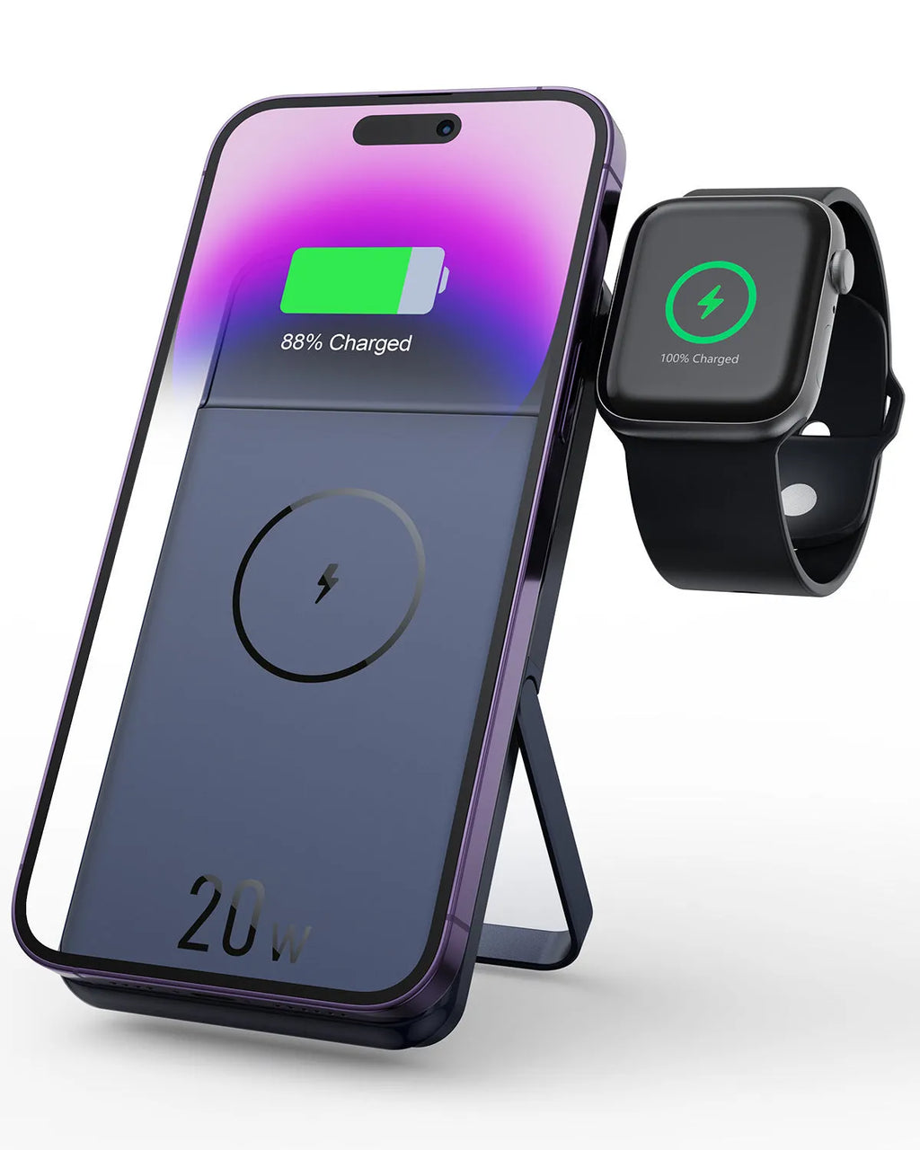 Black magnetic wireless power bank with three-in-one bracket showing 10000mAh capacity label