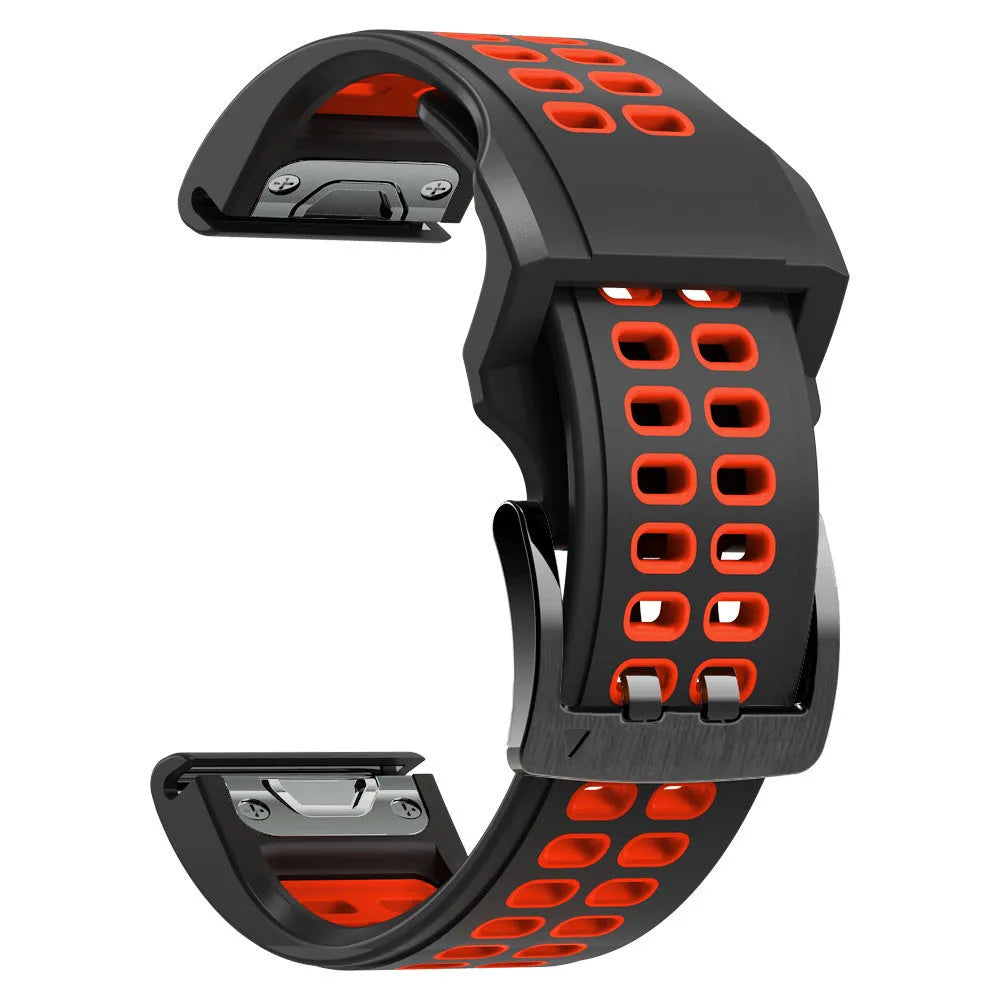 Two-colour quick-release silicone watch strap in black and lime green with pin buckle clasp.