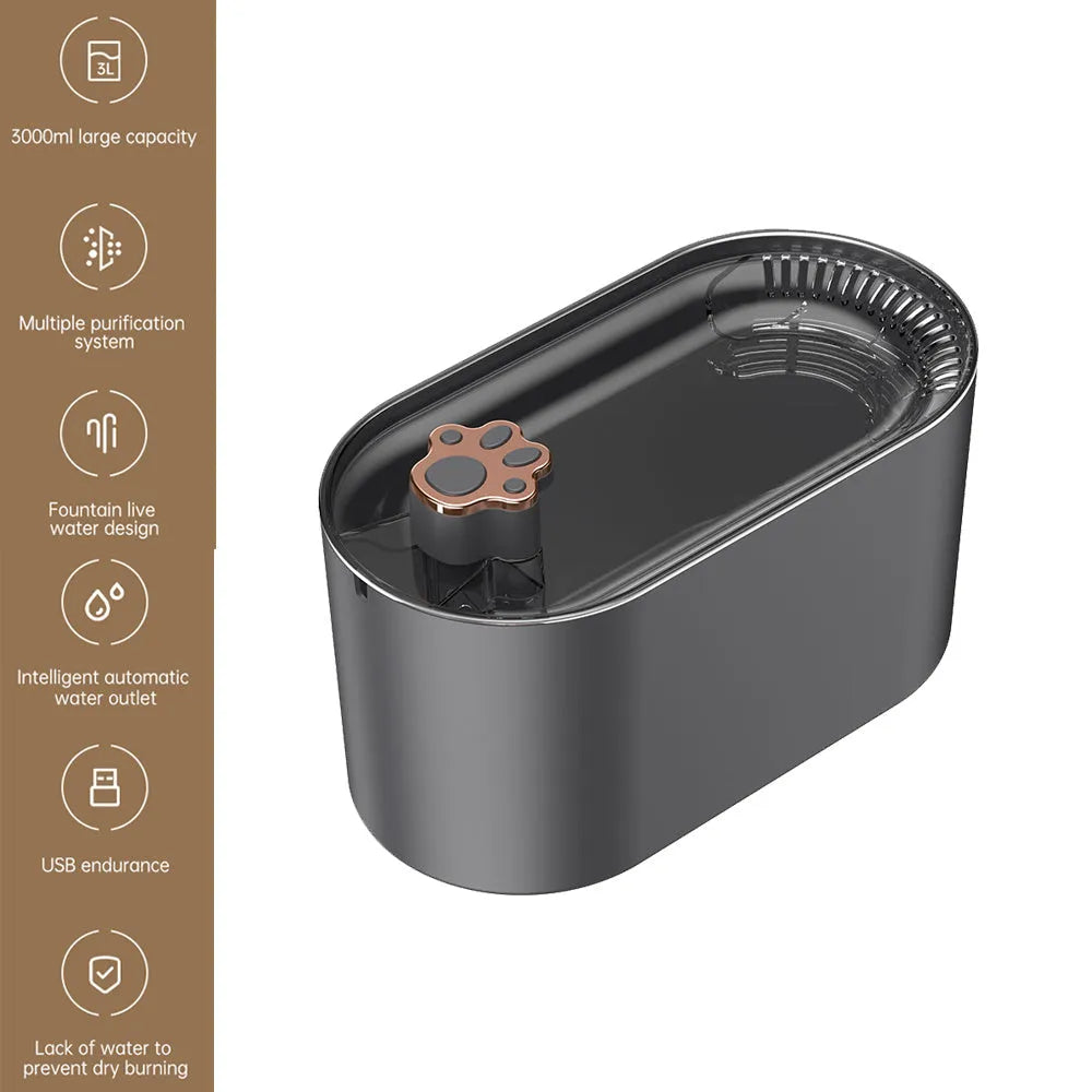 Berlin blue automatic pet water fountain with triple filter and LED light on a wooden floor.