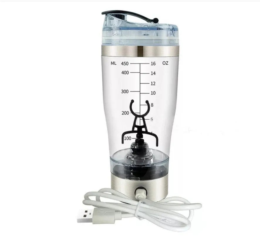 Electric protein shake stirrer with USB rechargeable base, 450ml clear cup, and 304 stainless steel bottleneck ring