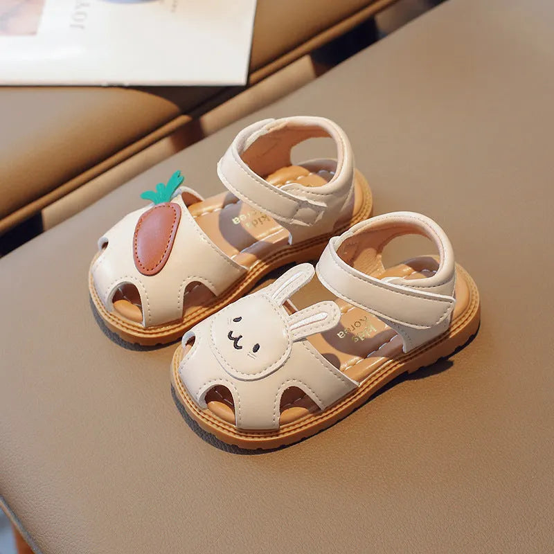 Girls sandals with carrot rabbit animal pattern, Velcro fastening, artificial leather upper in milky white