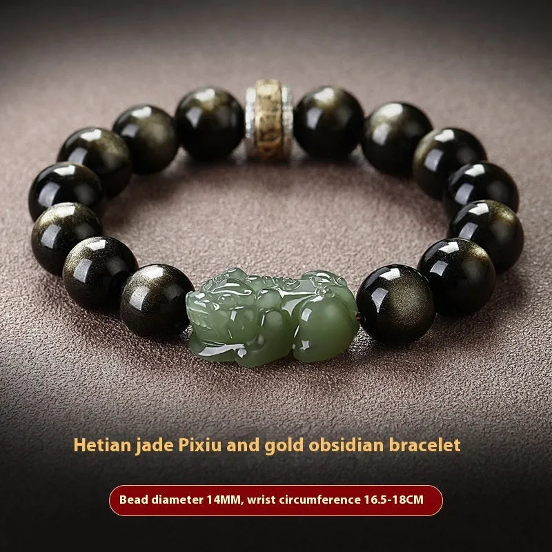 Natural rainbow eye obsidian bracelet in gold obsidian or jade Pi Xiu designs with crystal beads