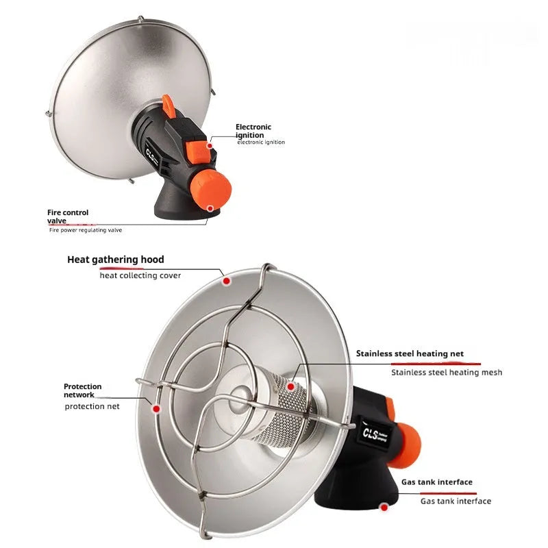Black and orange portable outdoor heating stove with automatic ignition on a camping table.