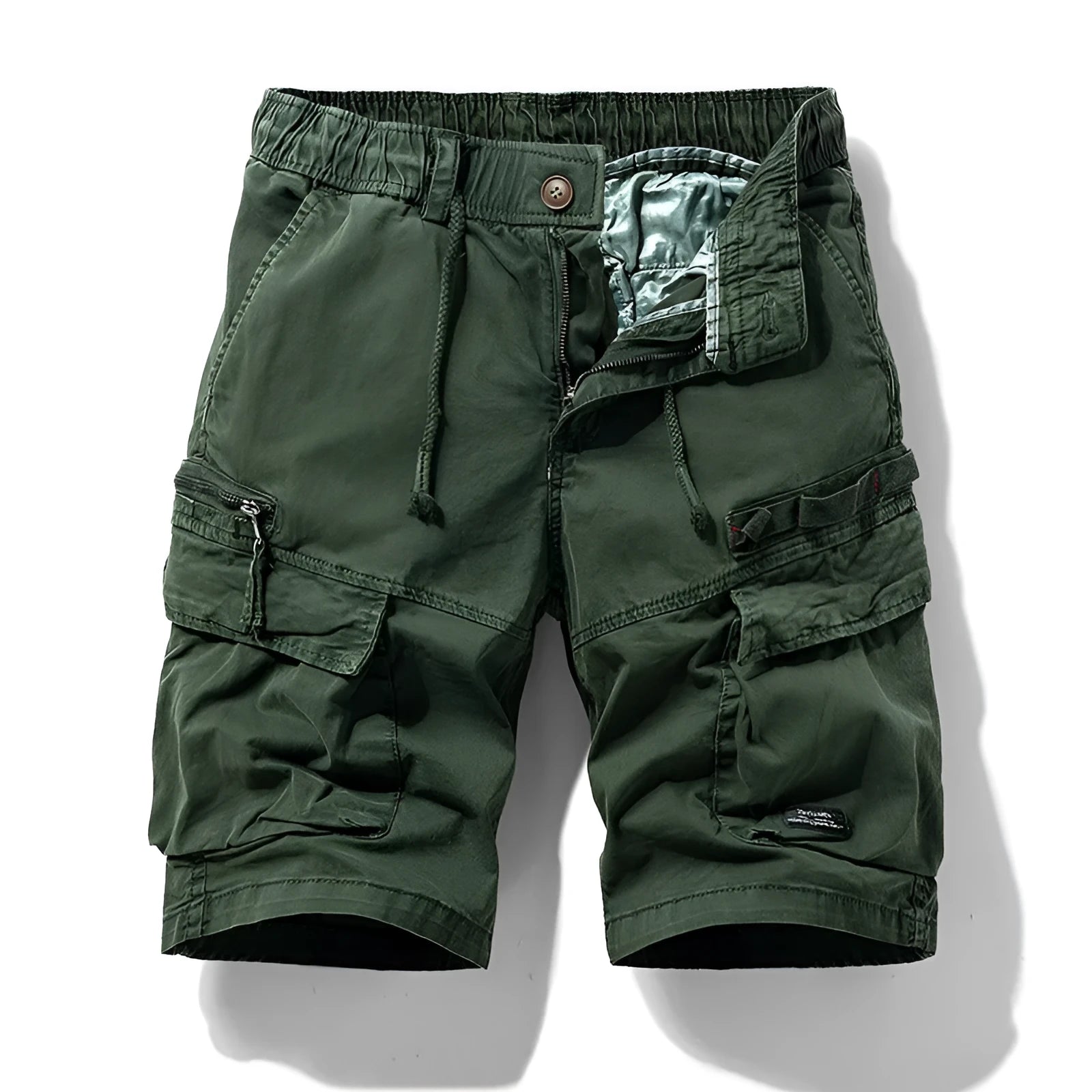 Men's cotton multi-pocket summer shorts in Army Green with micro elasticity and zip fly