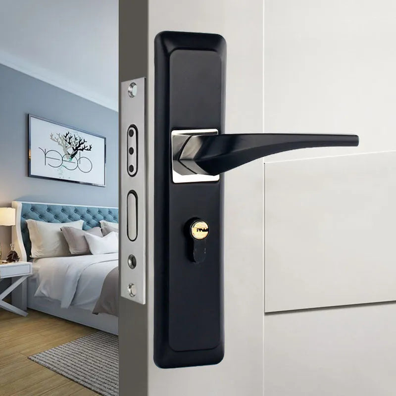 Aluminium alloy indoor split magnetic door lock handle for timber doors in black finish.