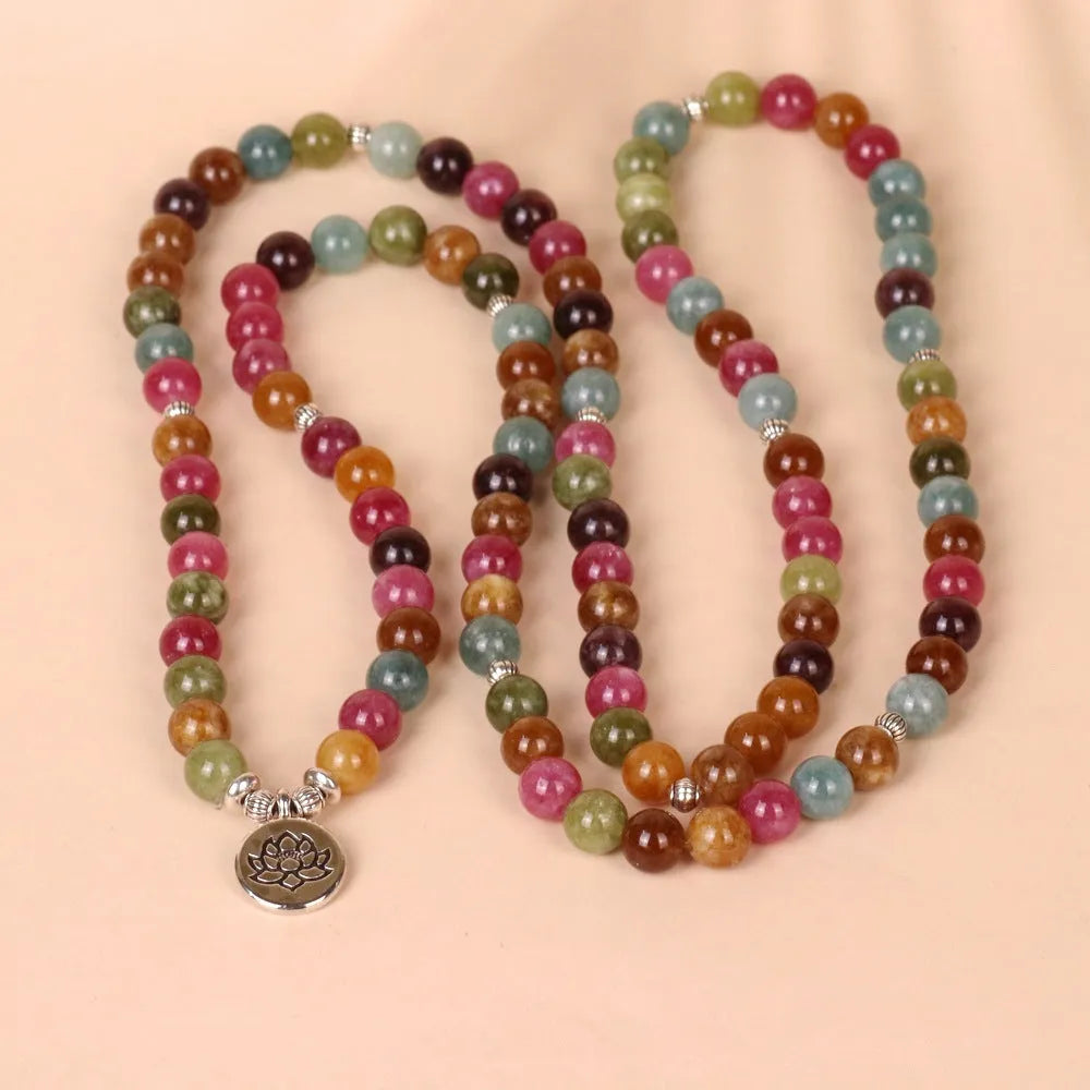 108 beads string lotus hanging multi-layer bracelet in tourmaline colour on alloy.