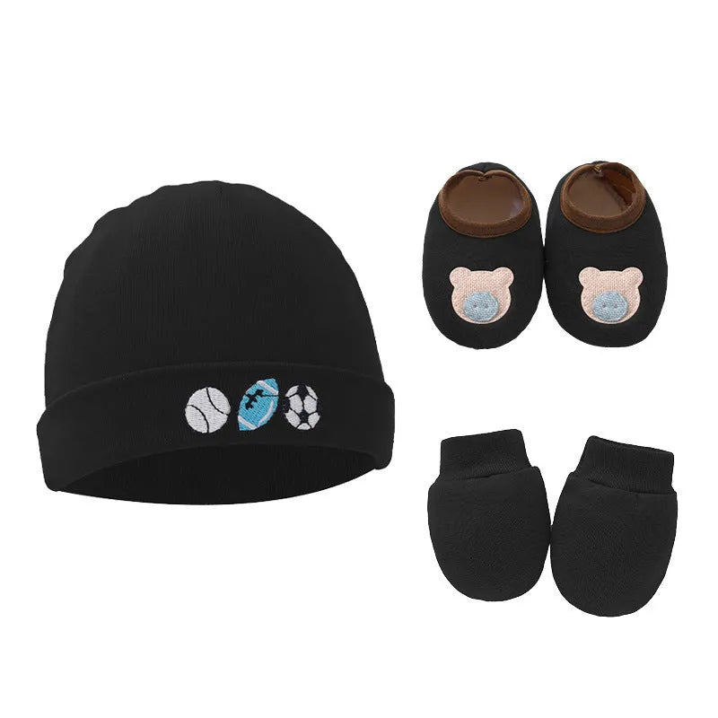 Cotton baby gloves and foot cover set in multiple colours including light blue, navy blue, pink, and camel