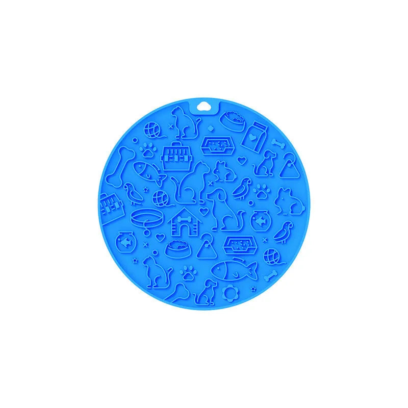 Round silicone pet lick mat with suction cup base in blue colour