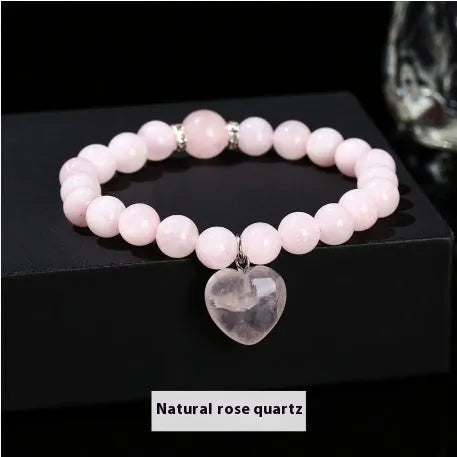 Handmade natural crystal bracelet with six stone types in geometric round beads, showing 8mm and 10mm purity size options
