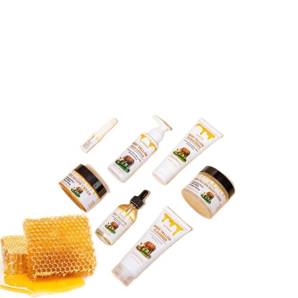 Butter Honey seven-piece skincare set box containing facial cleanser, face cream, lipstick, lotion, scrub, protective cream, and beef fat product.