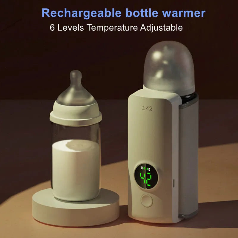Portable wireless baby bottle warmer with USB charging cable showing wrap-around non-woven design