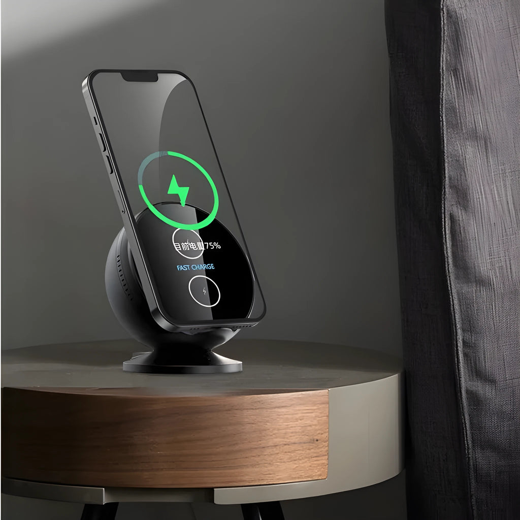 XC-11 mobile phone wireless charger holder with Bluetooth speaker in black colour on desk