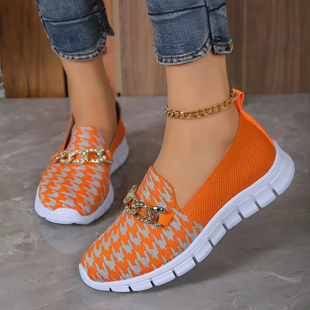 Women's casual houndstooth print chain mesh flat shoes with rubber sole and platform heel