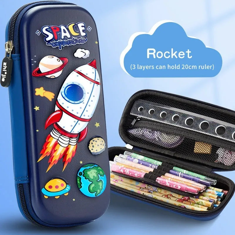 3D leather pencil case with astronaut pattern design showing textured surface and structured box shape