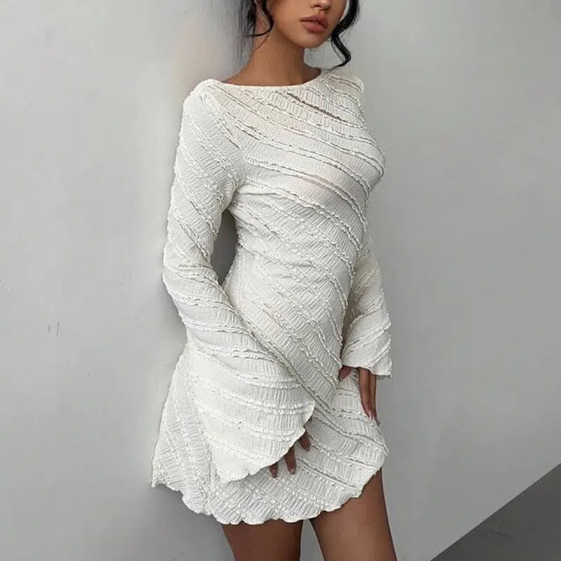 White knitted boat neck back tie dress with flared sleeves and pleated puff skirt