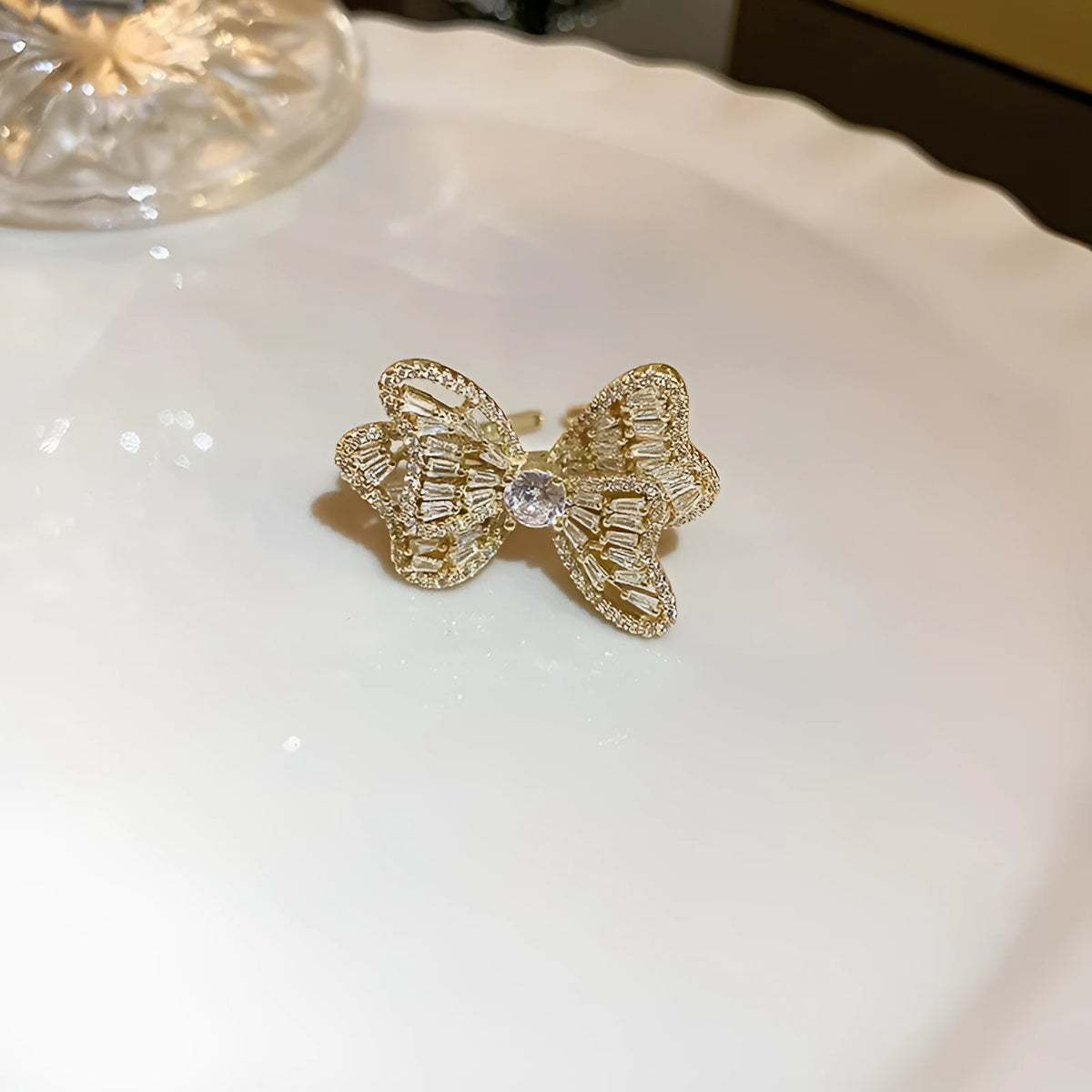 Real gold electroplated zircon bow ring for women in gold colour, 12# size