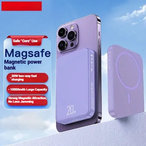 Portable magnetic wireless power bank in blue, purple, or white with 10000mAh capacity