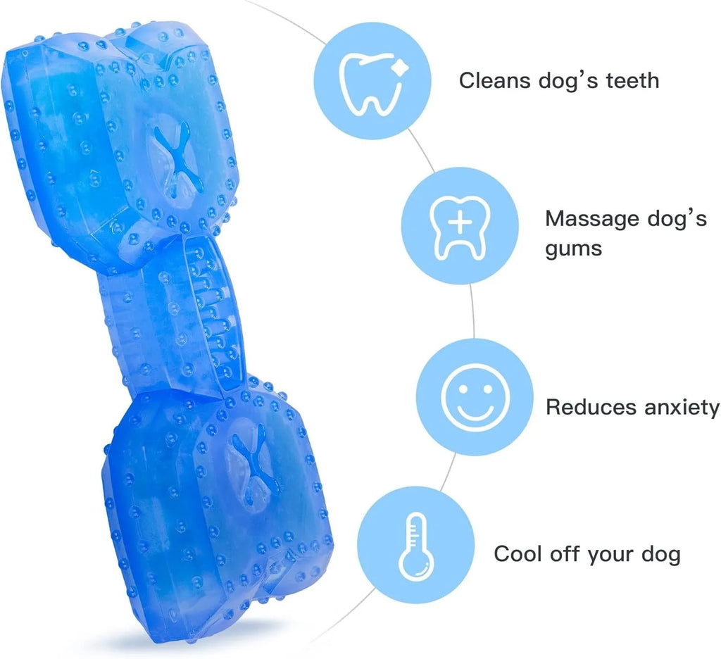 Pet teether cooling chew toy for dogs in Bones shape with blue non-toxic outer layer and water filling