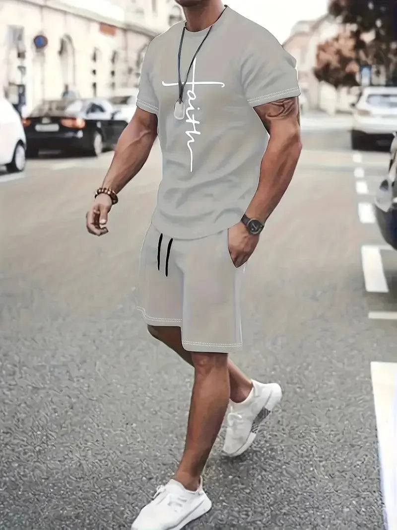 Casual sports suit round neck short sleeve 3D digital print two-piece set polyester fibre summer