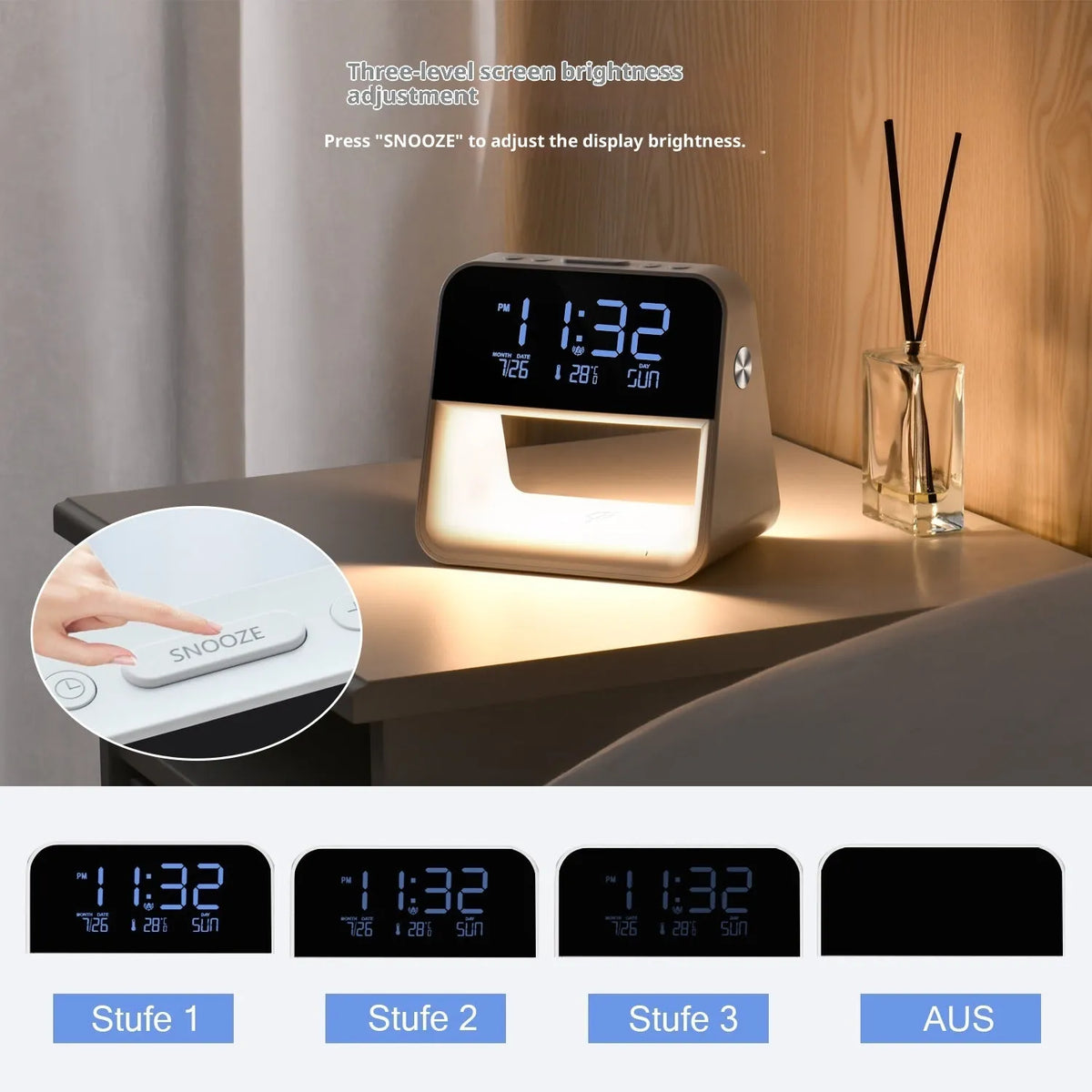 White multifunctional bedside lamp with wireless mobile phone charger and alarm clock on a nightstand